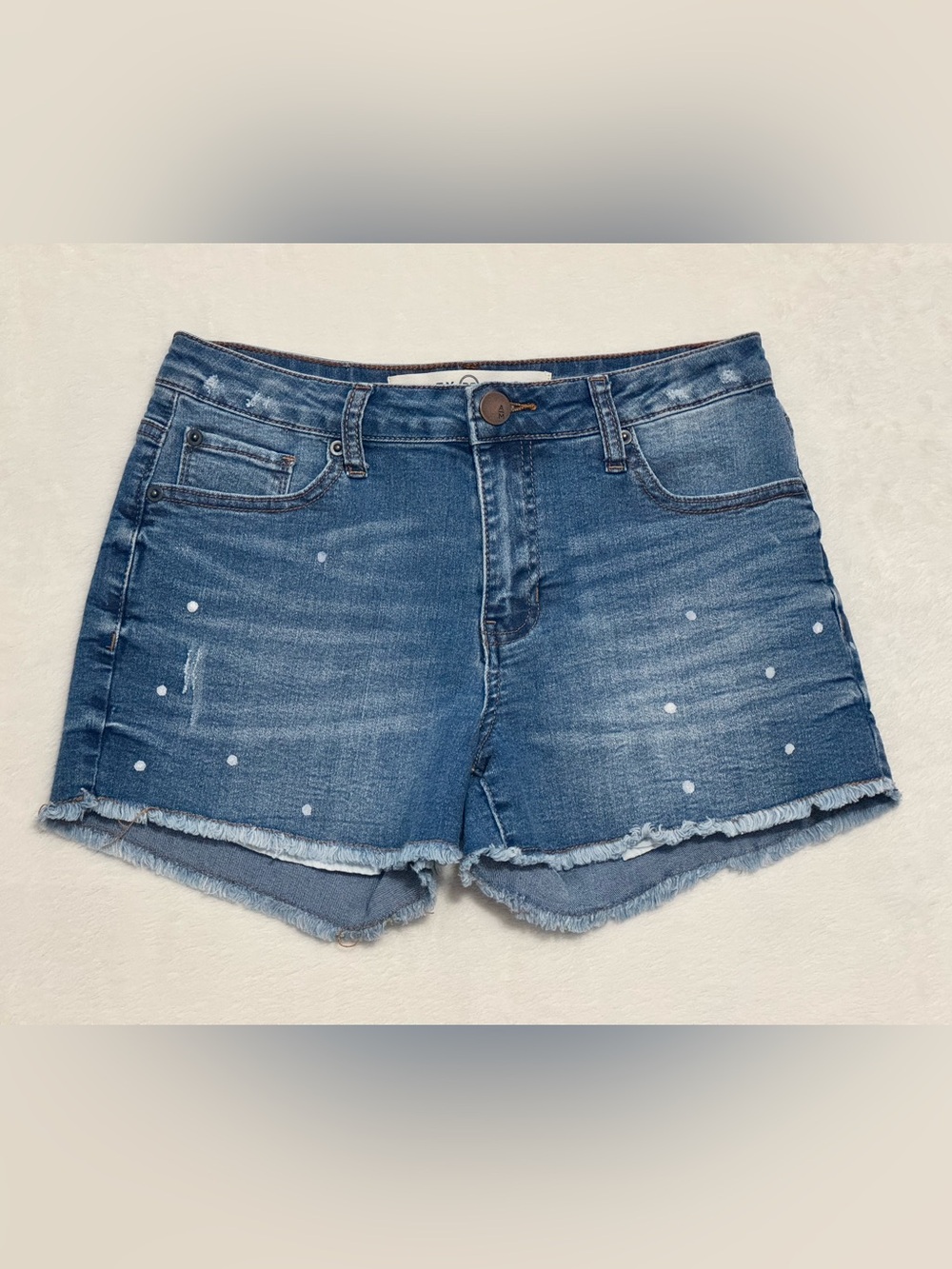 Ashley Mason Blue Denim Cutoff Shorts with Paint-Dot Accents